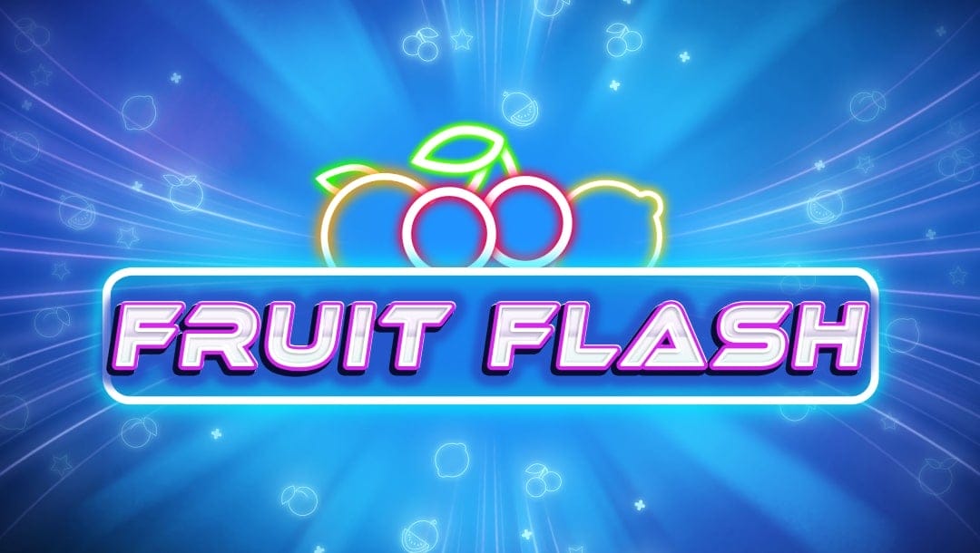 Bright neon-style logo for the Fruit Flash slot game, featuring glowing outlines of fruit symbols like cherries, lemon, and orange on a radiant blue background.