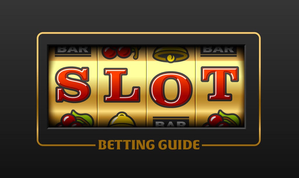 Illustration of a classic slot machine reel with the word “SLOT” across the centre, surrounded by fruit and bar symbols, with the text “Betting Guide” below.