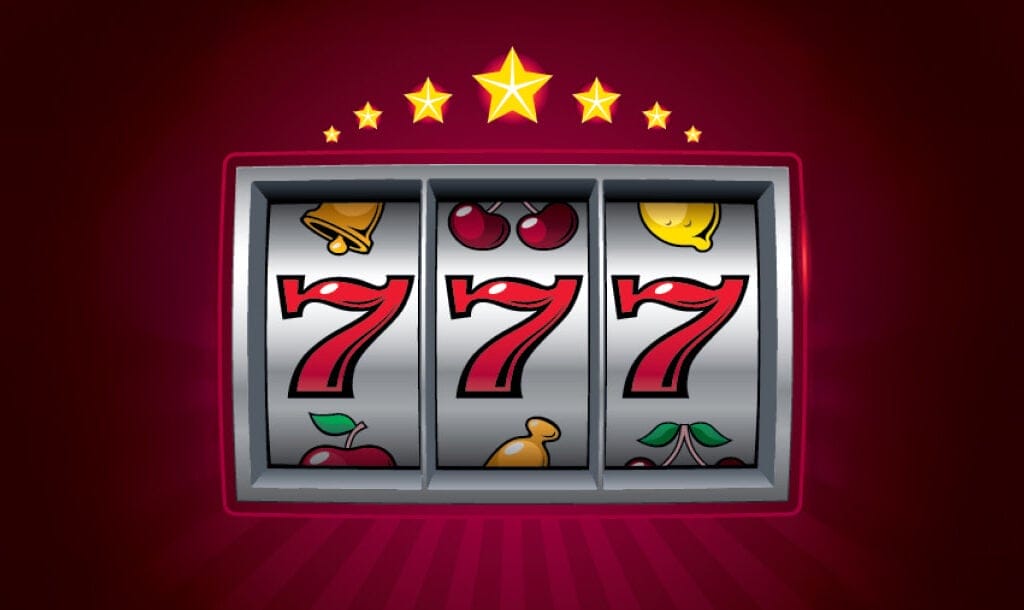 Illustration of a classic slot machine displaying a winning triple red 7 combination, with fruit symbols and golden stars above on a red gradient background.