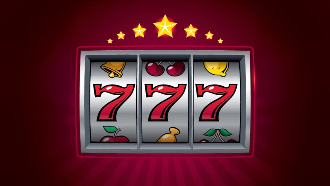 Illustration of a classic slot machine displaying a winning triple red 7 combination, with fruit symbols and golden stars above on a red gradient background.