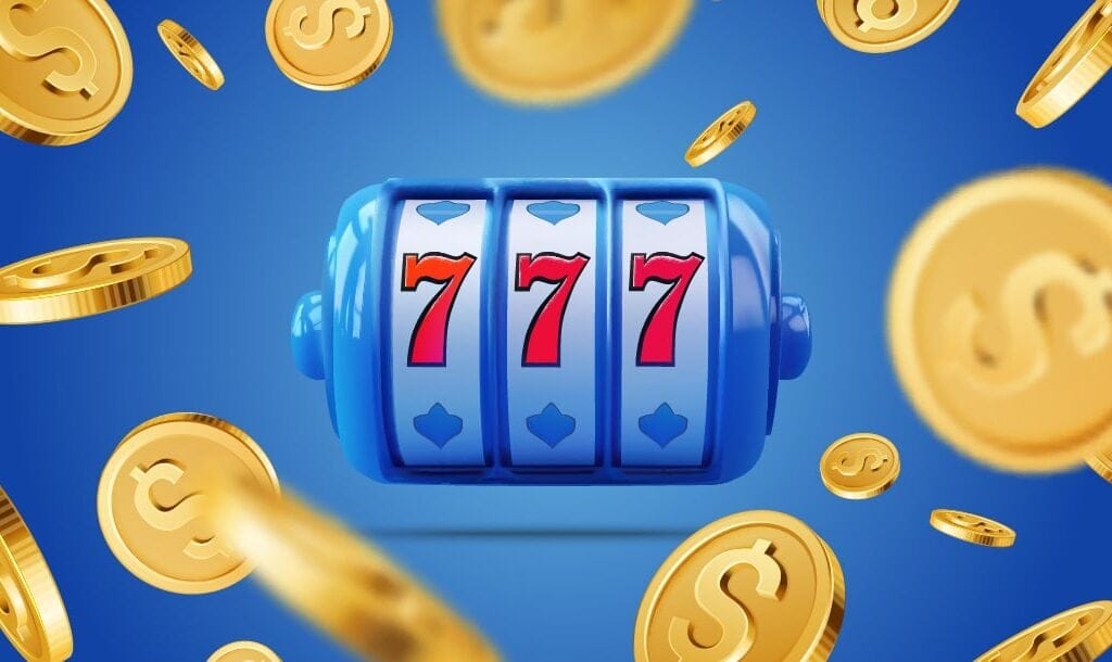 Blue slot machine reel showing a 777 jackpot surrounded by flying gold coins on a vibrant blue background.