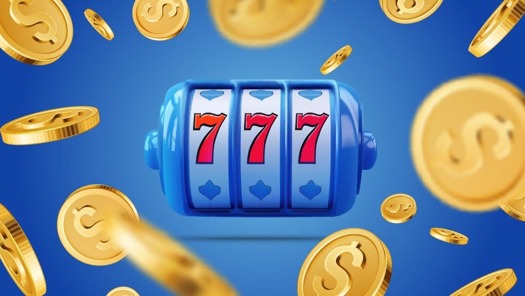 Blue slot machine reel showing a 777 jackpot surrounded by flying gold coins on a vibrant blue background.