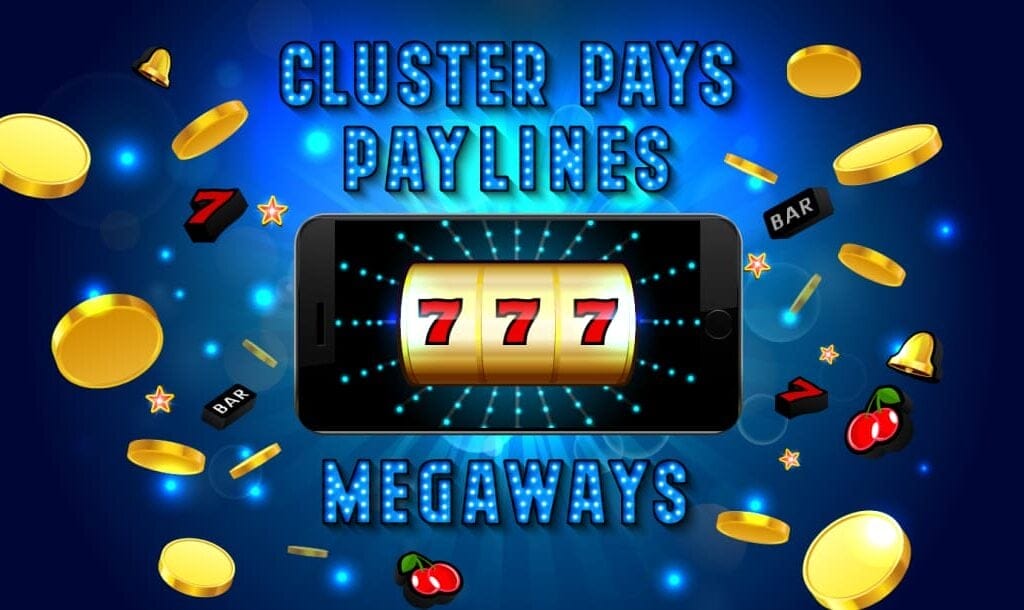 Illustration of a mobile phone screen displaying a winning slot machine spin with three red sevens, surrounded by gold coins, cherries, and slot symbols on a glowing blue background. Text reads “CLUSTER PAYS,” “PAYLINES,” and “MEGAWAYS” in bold blue letters.