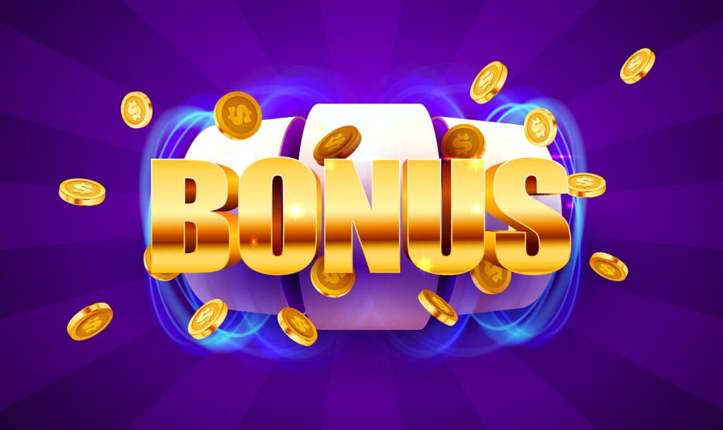 The word “Bonus” spelled out in capital golden letters in front of three blank slot reels. Blue neon lines around the outer reels make it look like they are spinning. Gold coins are flying off the word “Bonus”. This is set against a purple background with different shades of purple in the form of beams.