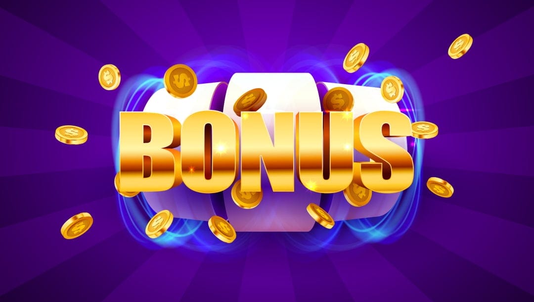 The word “Bonus” spelled out in capital golden letters in front of three blank slot reels. Blue neon lines around the outer reels make it look like they are spinning. Gold coins are flying off the word “Bonus”. This is set against a purple background with different shades of purple in the form of beams.