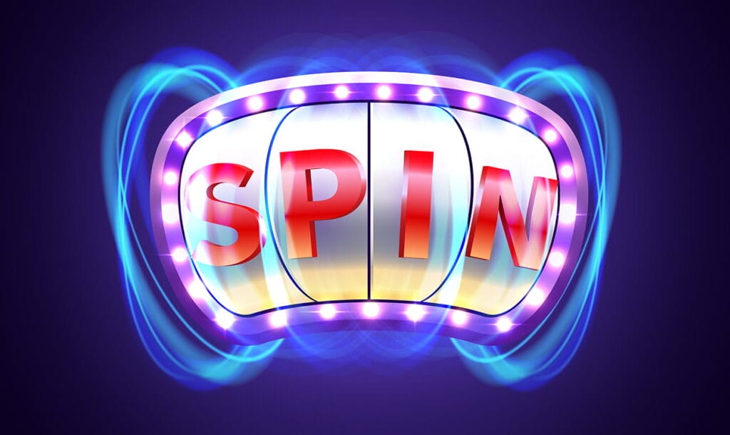 Animated-style slot machine reel with glowing purple lights and swirling blue energy, displaying the word “SPIN” across the reels on a dark purple background.