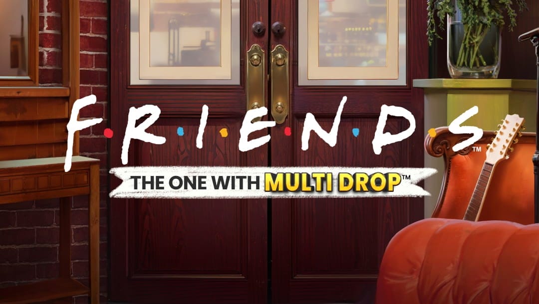 A cozy coffee shop setting with the iconic “FRIENDS” logo. The logo is rendered in playful white brush-stroke letters dotted with the familiar red, yellow, and blue spots, while a torn-fabric banner beneath reads “THE ONE WITH MULTI DROP,” the last two words bolded in bright yellow. In the background, there are polished burgundy double doors with brass handles. To the left of the doors are exposed red-brick walls framing a wooden cabinet, and to the right, a leafy vase, a tan-necked acoustic guitar, and the curved arm of an orange sofa.
