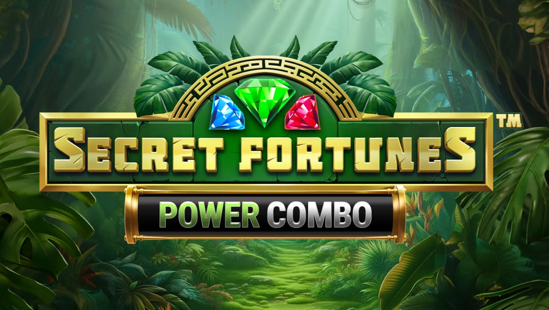 The Secret Fortunes Power Combo title screen displays a lush, green jungle setting with sunlight filtering through tall trees in the background. In the center, a gold-framed game logo reads “Secret Fortunes” in large block letters, set against a jungle-green backdrop with cracked stone texture. Above the logo, three faceted gems (a blue triangle, green hexagon, and red diamond) are positioned in a gold arch surrounded by tropical leaves. Below the title, a black and gold label reads “Power Combo” in capital letters. The surrounding jungle features large leaves, vines, and ferns creating a dense setting.