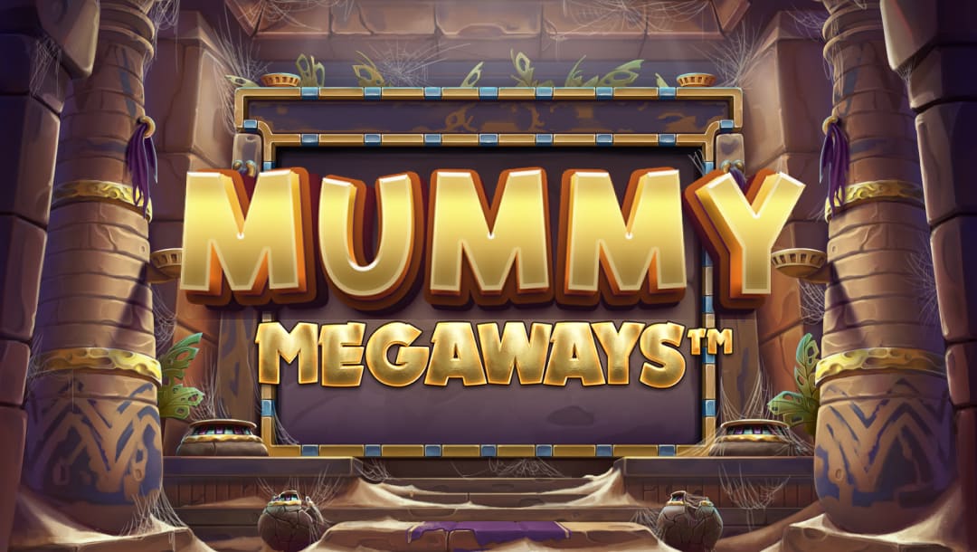 The game title Mummy Megaways in large gold letters between two ancient Egyptian pillars inside a vault.