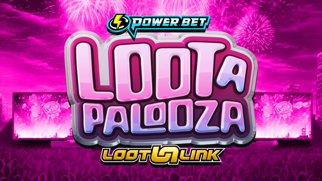 The game title Lootapalooza Loot&Link appears in garish, cartoonish pink and gold letters against a vibrant all-pink cityscape.