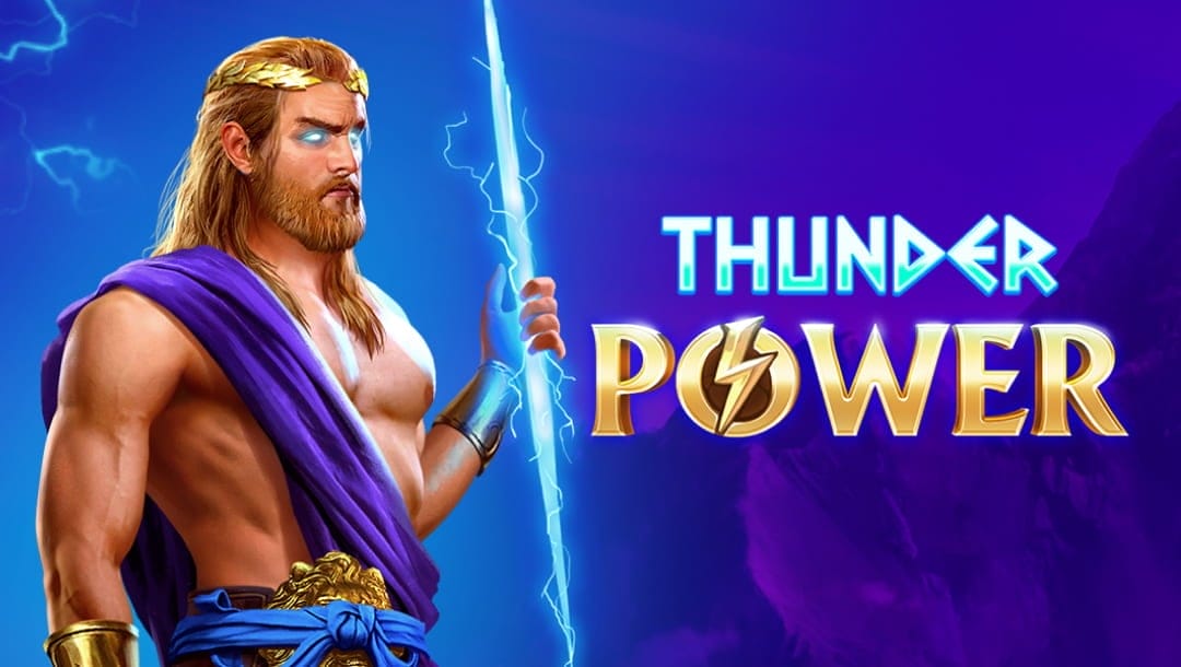 The game title “Thunder Power” appears in silver and gold letters in an Ancient Greek-style font against a shadowy purple mountain backdrop. To the left of the title appears a blond Greek god gripping a thunderbolt.