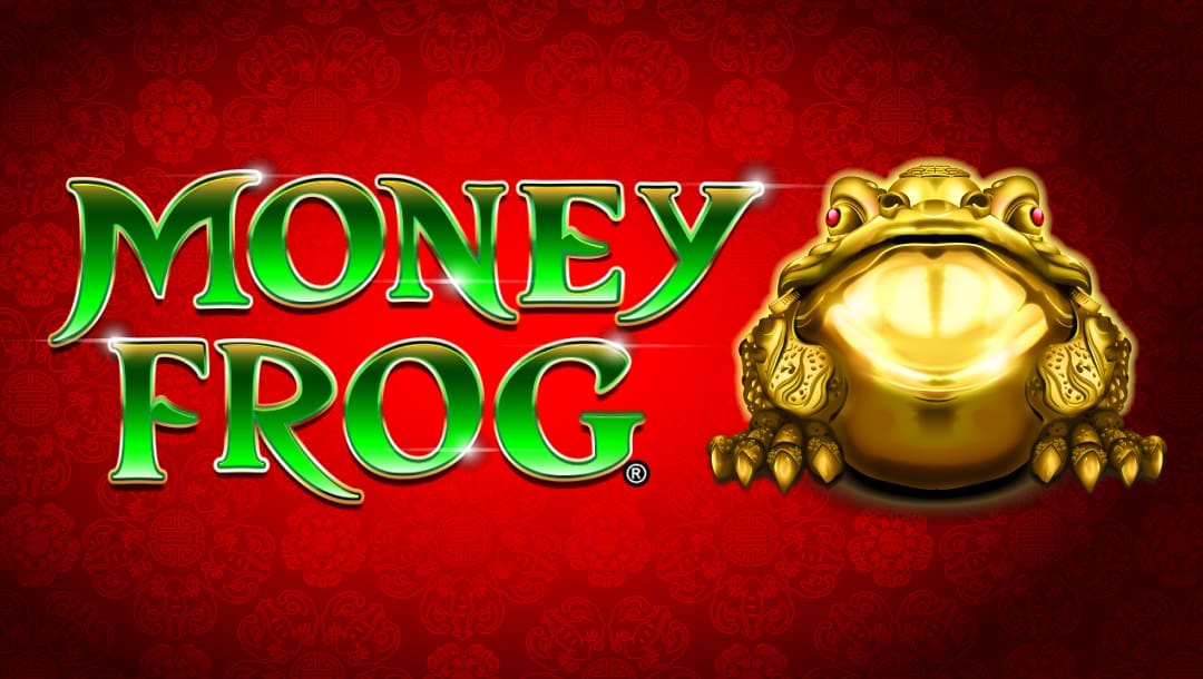 A banner image for the slot game Money Frog features a vibrant red background patterned with traditional Asian motifs. In the foreground, bold green lettering spells out “Money Frog” with a glossy, jewel-like finish that pops against the red. To the right of the title sits a gleaming golden frog statue with red gemstone eyes and a detailed, polished surface, symbolizing luck and prosperity.