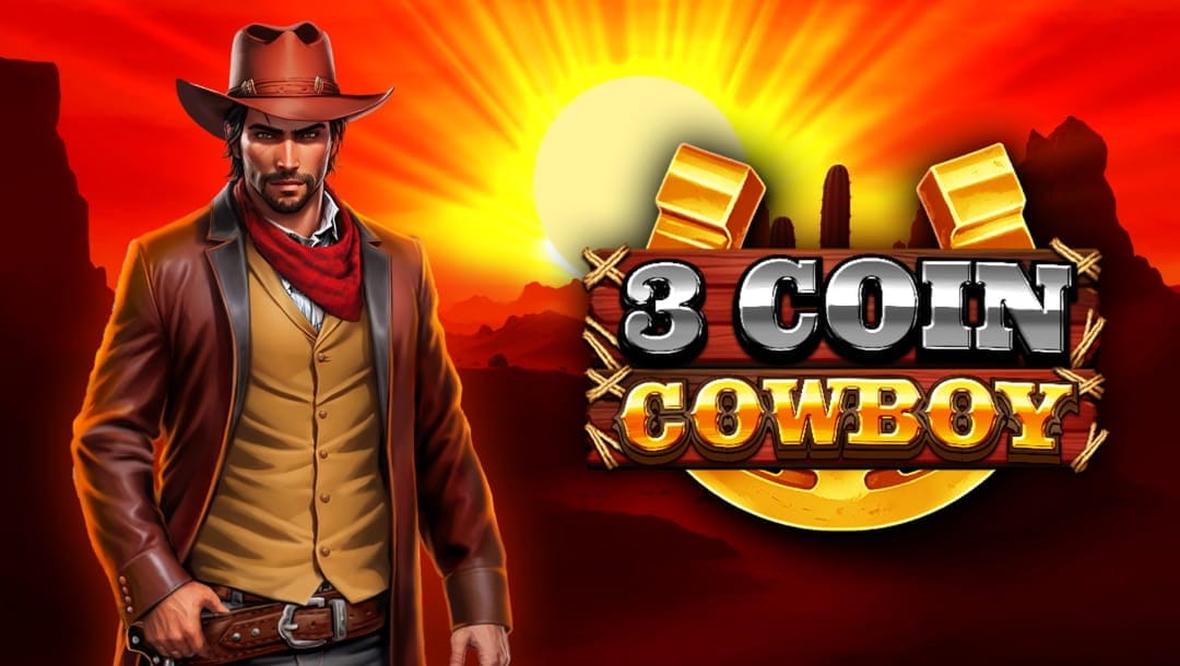 The game title “3 Coin Cowboy” appears in golden letters fixed to wooden boards set against a massive golden horseshoe. To the left, a cowboy stares out of the frame. In the distance, the sun is setting over a Western landscape.