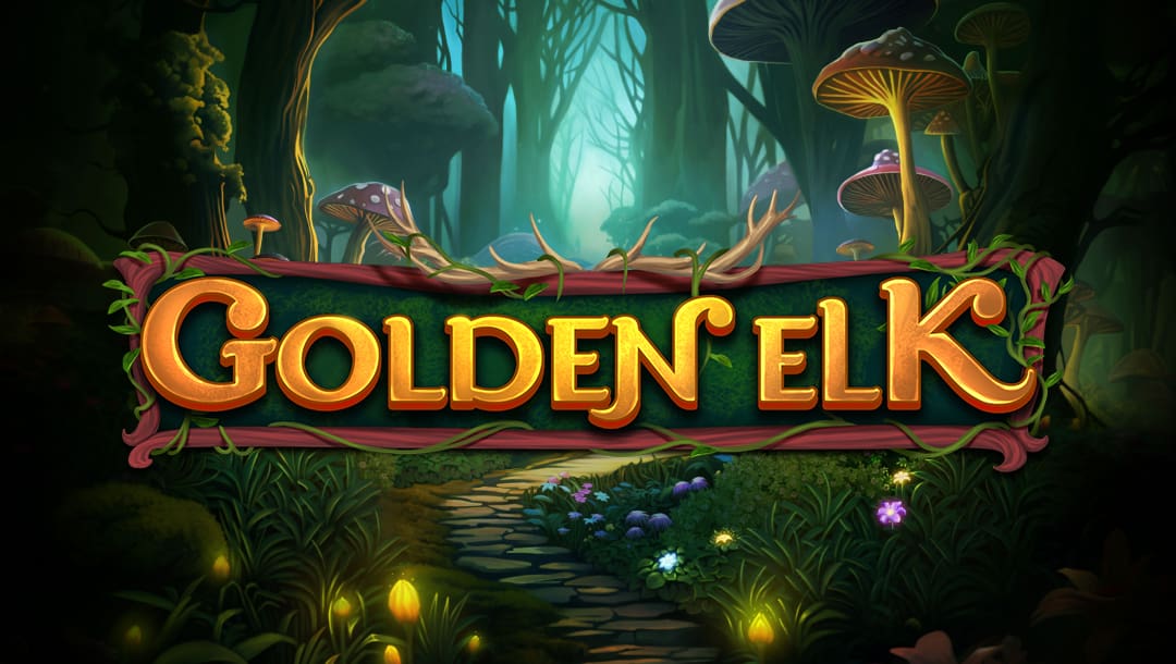 Golden Elk slot game logo with glowing gold text framed by antlers and vines, set against an enchanted forest background with tall trees, giant mushrooms, and glowing flowers.