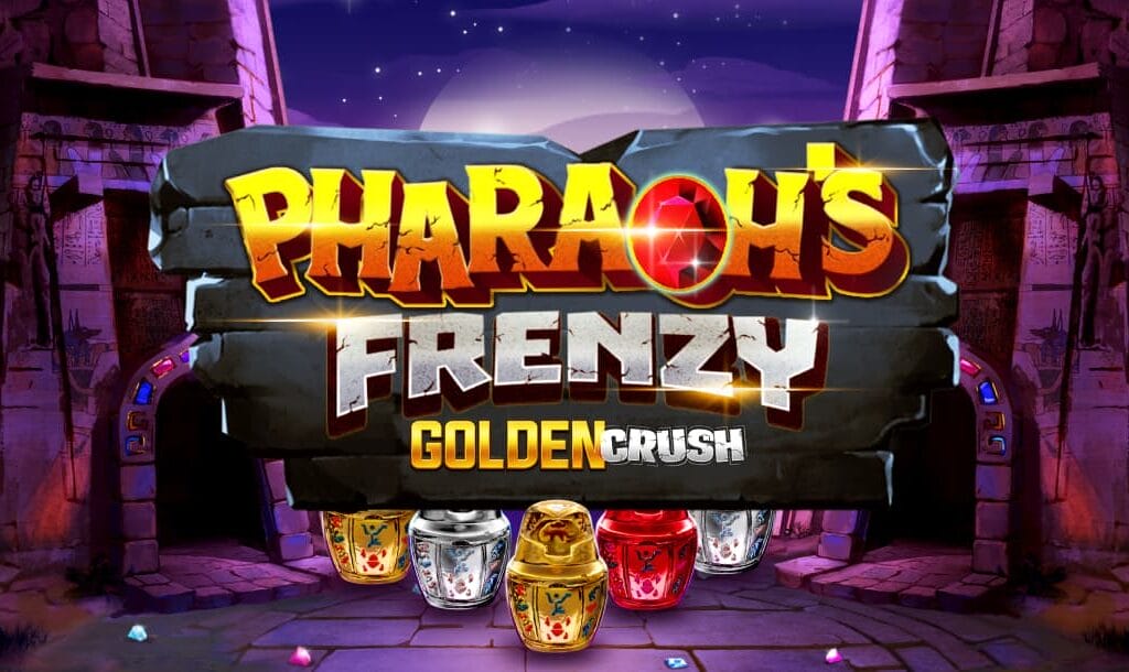 Pharaoh’s Frenzy: Golden Crush slot game title screen featuring glowing Egyptian canopic jars, ancient temple ruins, and a mystical full moon backdrop.
