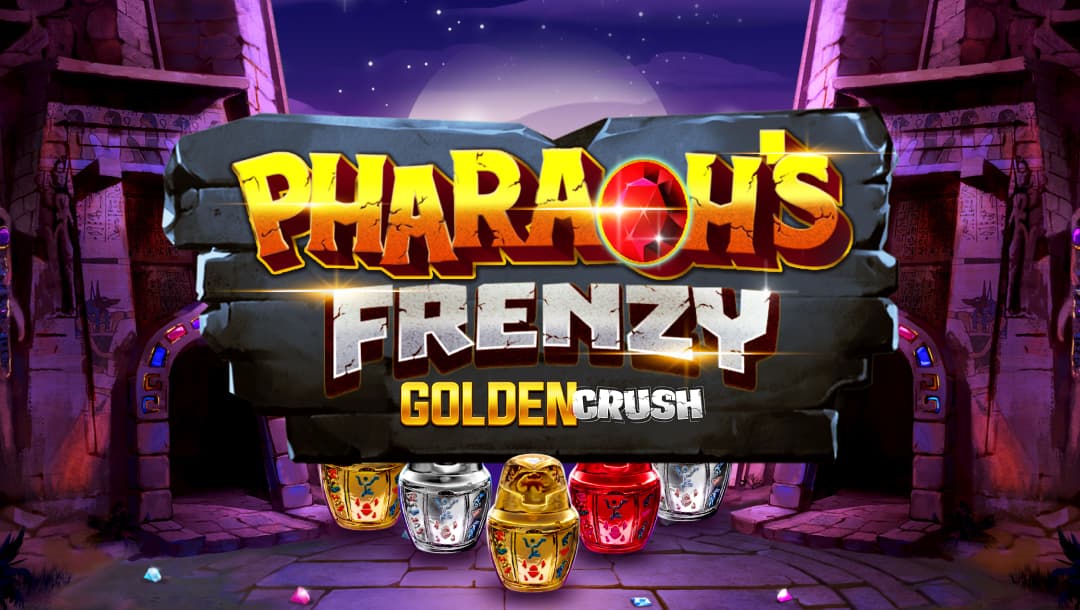 Pharaoh’s Frenzy: Golden Crush slot game title screen featuring glowing Egyptian canopic jars, ancient temple ruins, and a mystical full moon backdrop.