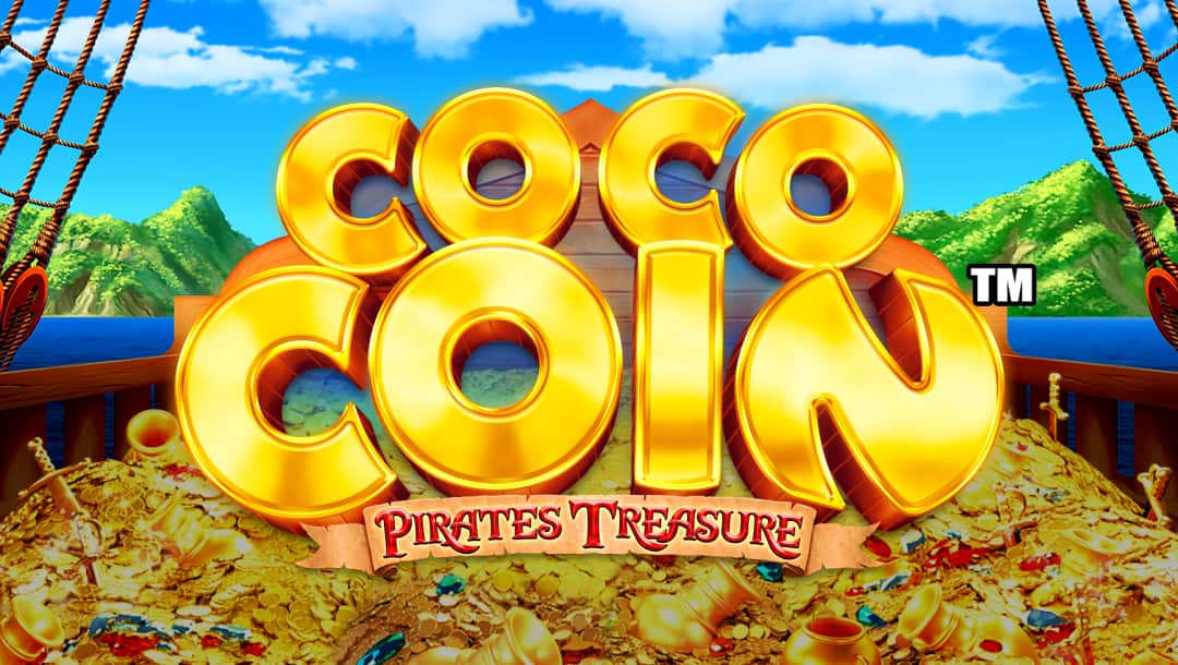 The title screen of Co Co Coin Pirates Treasure features a bright, colorful pirate theme set on the deck of a ship at sea. Large, rounded letters spell “Co Co Coin” in gleaming gold, dominating the center of the screen with a three-dimensional, polished look. Beneath it, a ribbon-style banner reads “Pirates Treasure” in classic pirate font with a scroll effect. In the background, the ship faces open water framed by lush, tropical green islands and a bright blue sky with fluffy clouds. Mounds of gold coins, treasure, and scattered gems line the lower edge of the image, glinting in the sun. Ropes, wooden railings, and rigging frame the top corners.