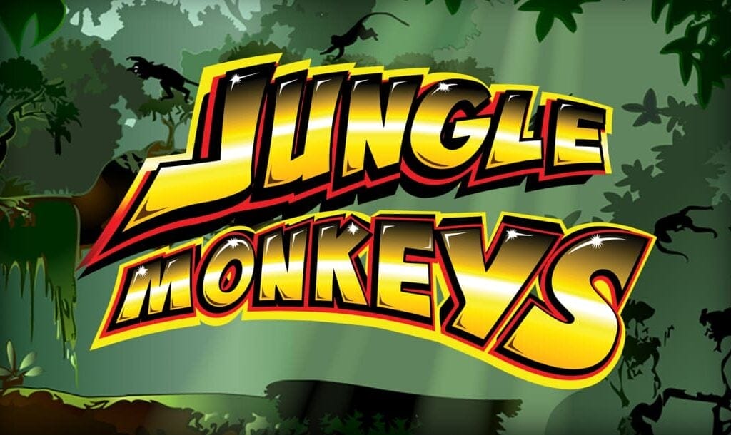 The Jungle Monkeys logo with a gradient fill and a black, red, and yellow outline. The thick tree canopies of the jungle background appear in shades of brown, with black silhouettes of monkeys running and jumping from tree to tree.