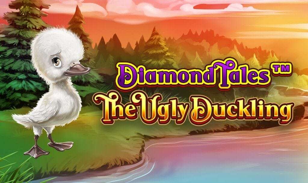 The Diamond Tales: Ugly Duckling title screen featuring a cartoonish duckling with downy white feathers standing on the left-hand side of the screen. The background is a lakeside shore of green grass, with pine trees covering the rest of the sunlit landscape. The title is visible on the right.