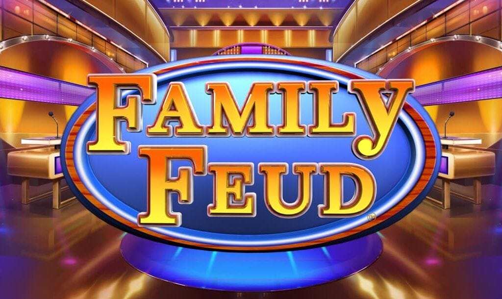 The game title “Family Feud” appears in red-gold letters against a shiny backdrop resembling a game show studio.