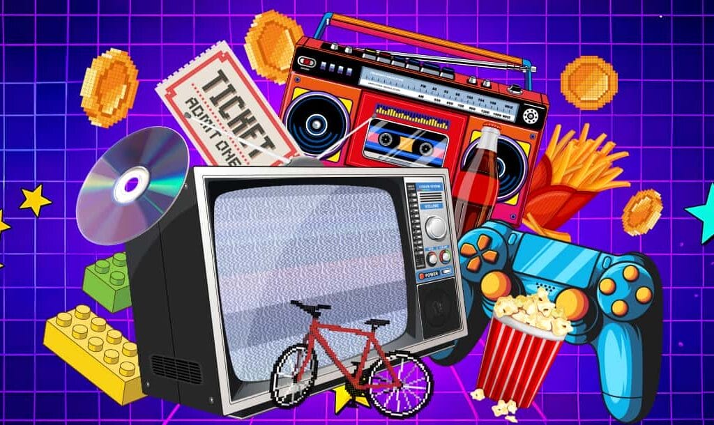 An illustrated image with various entertainment items, including Lego bricks, a CD, a TV, a stereo, popcorn, and chips, set against a grid made up of purple hues.