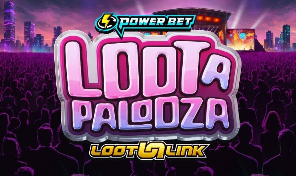 The title screen for the Loota Palooza slot game. The game logo, in bold purple letters, is in the center of the screen with the Power Bet logo above it and the Loot Link logo below it. The background is a crowded outdoor concert.