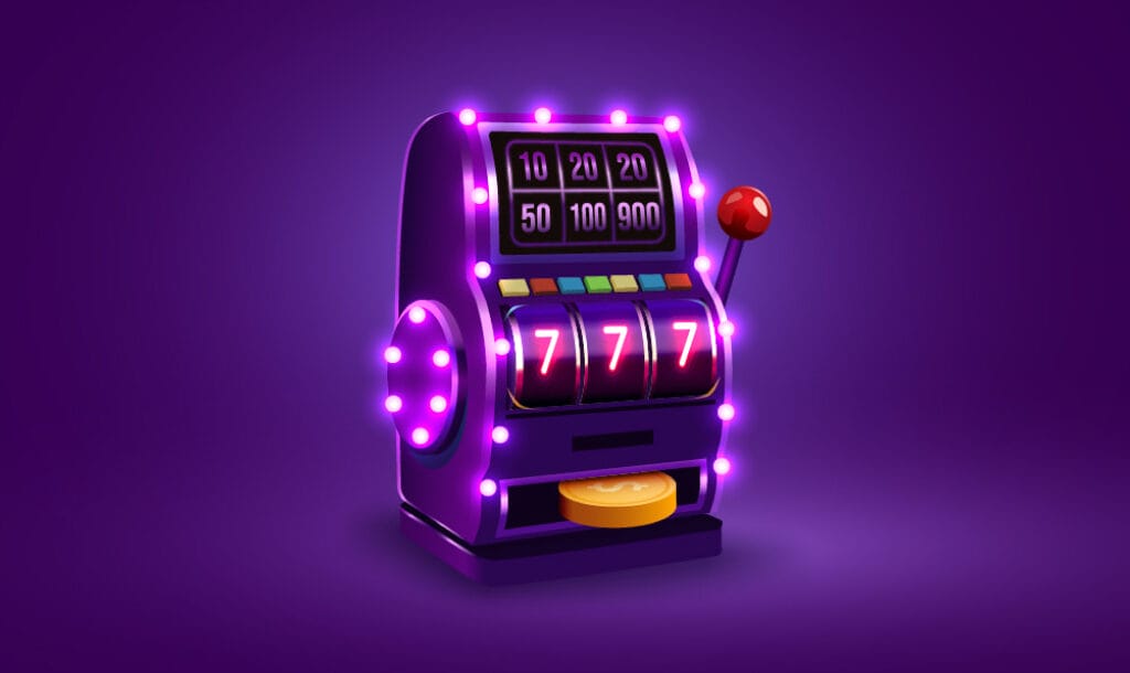Illustration of a glowing purple slot machine with triple sevens on the reels and a gold coin payout, symbolising a jackpot win in a casino or online slot game.