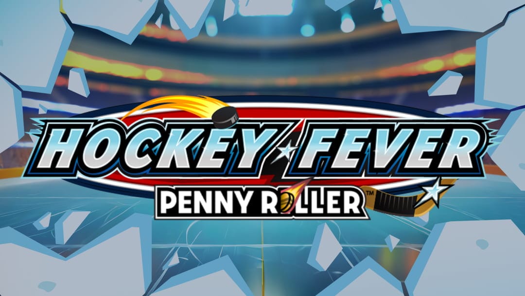 The game title Hockey Fever Penny Roller appears in silver-blue and white letters framed by jagged ice opening onto an ice hockey rink.