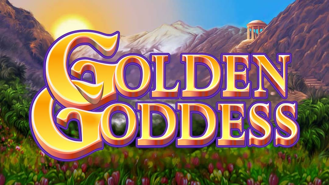 The Golden Goddess game title screen with a big gold and purple game logo floating in the foreground, with a mountainous landscape in the background, fading into the sunset. Aphrodite’s temple sits perched on the mountaintop.