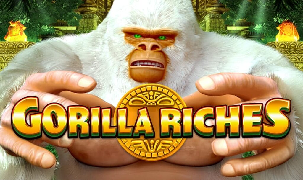 The Gorilla Riches logo features gold letters and an ancient gold coin. A white-haired gorilla with green eyes and a menacing stare dominates the background, with lit braziers leading to a temple in a jungle behind him.
