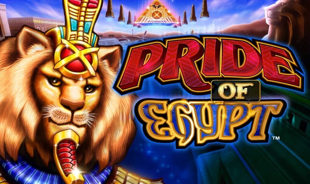 The game title “Pride of Egypt” appears in red and gold-framed blue letters against an ancient Egyptian background, with a lion pharaoh character to the left.