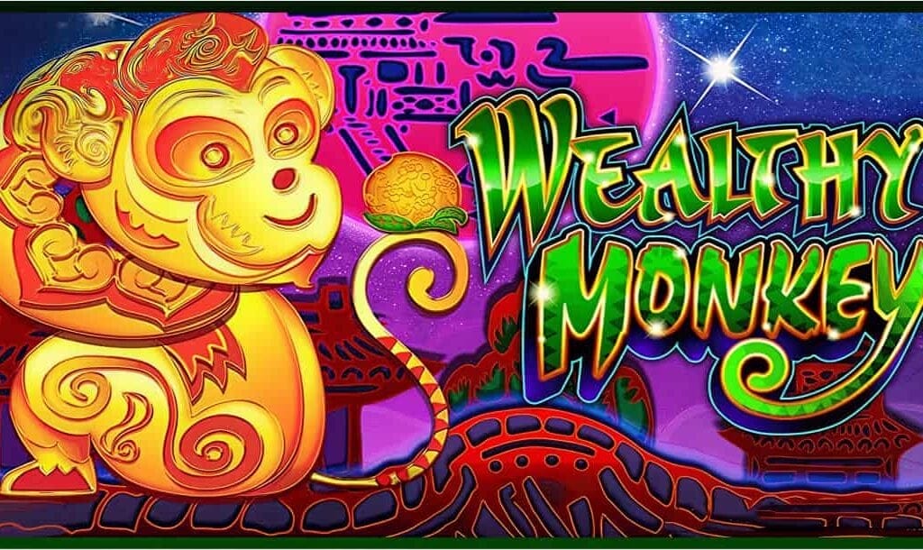 The bright and colorful title screen of the Wealthy Monkey slot game from Konami. A stylized golden monkey with red and orange details sits on the left, holding a golden coin. The game title, Wealthy Monkey, appears in bold green-and-yellow letters with glowing accents. The background features vibrant purples, reds, and blues, with traditional Asian architecture and decorative patterns.
