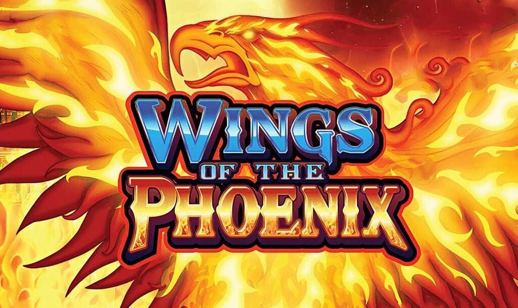 The title screen of Wings of the Phoenix features a large, fiery phoenix spreading its glowing wings across the image. The game logo appears in the center with “Wings” in icy blue letters and “of the Phoenix” in blazing orange and red. Flames swirl in the background, capturing the mythical theme.