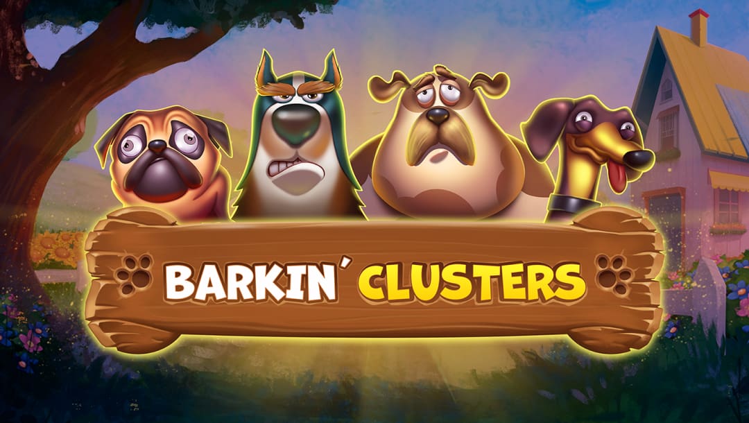 Barkin’ Clusters slot game logo featuring cartoon dogs with expressive faces above a wooden signboard.