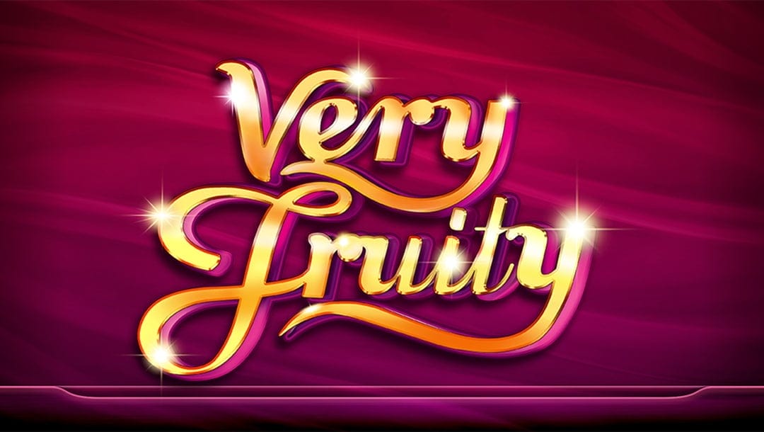 The online slot game title Very Fruity appears in polished shiny gold letters against a red velvet background.