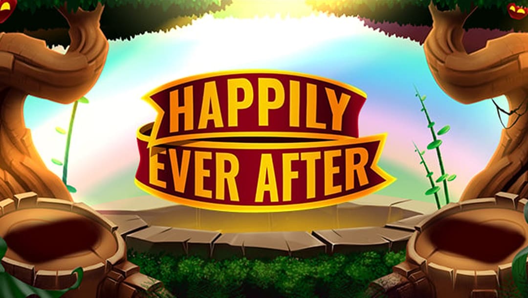 The Happily Ever After title screen. The background is a magical forest with a rainbow-like sky. The game title is displayed on floating ribbons above a glowing hollowed out tree stump.