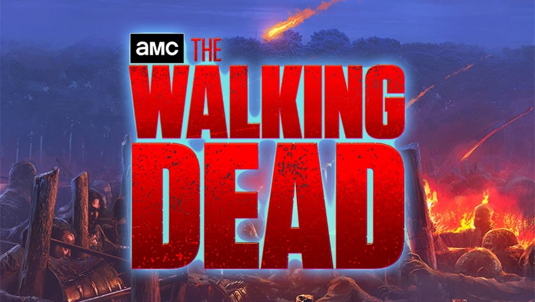 The online slot game title “The Walking Dead” appears in blood-red letters against a twilight background featuring zombies, some burning, against a spooky forest.