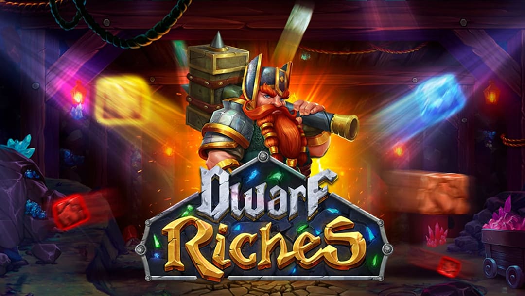 Dwarf Riches game title screen where a red-bearded dwarf stands above the game logo, at the entrance of a glowing mine. The dwarf is holding his hammer.