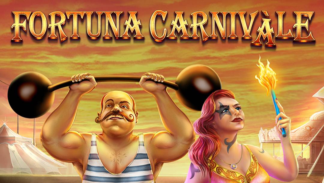 Fortuna Carnivale slot title screen with the logo floating in the sunset sky and glowing carnival tents in the background. Strongman and fire dancer performers practice their craft under the game logo.