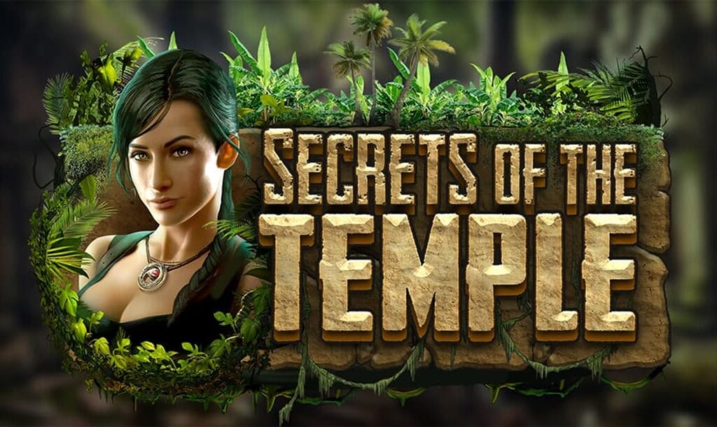 Secrets of the Temple game title screen featuring the logo carved into a stone tablet framed by lush jungle vegetation. The main explorer character looks on from the left of the logo.