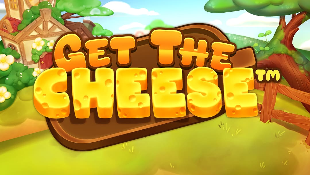 The Get the Cheese logo with yellow and orange letters on a wooden cutting board. The letters in “Cheese” are designed to look like bits of Swiss cheese. A small house in the countryside is surrounded by greenery and rolling hills in the background.