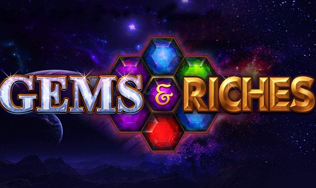 Gems and Riches game title screen featuring the game logo stretched across the screen, split into an icy diamond font and shimmering gold lettering. The logo is placed in front of a cluster of colorful gems with deep space swirling in the background.