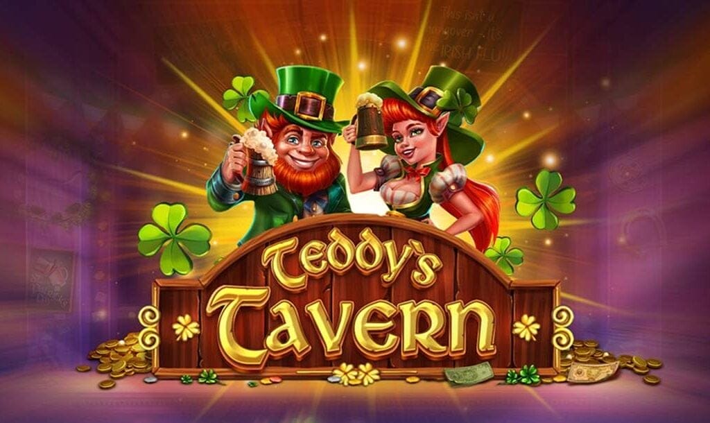 The Teddy’s Tavern logo with golden letters on a wooden signboard. A pair of leprechauns stand behind the sign, smiling and holding their tankards up. Clovers and gold coins are spread around the sign, and a bright yellow light shines behind the logo.