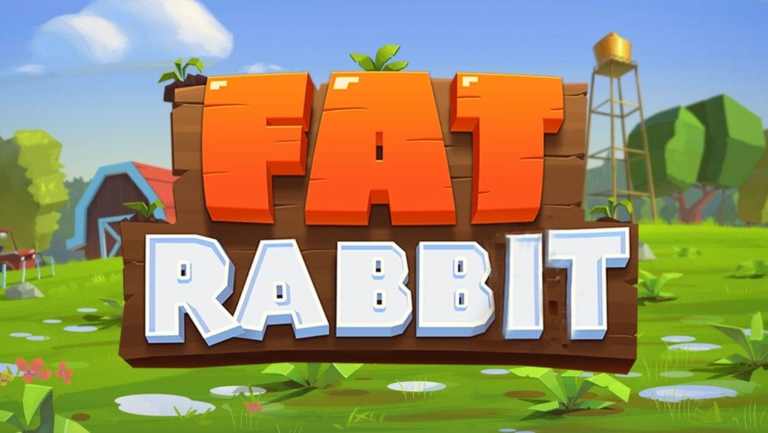 The Fat Rabbit banner. A colorful cartoon-style game logo reads “FAT RABBIT” on a wooden sign in a bright farm setting with a barn, trees, and a water tower in the background.